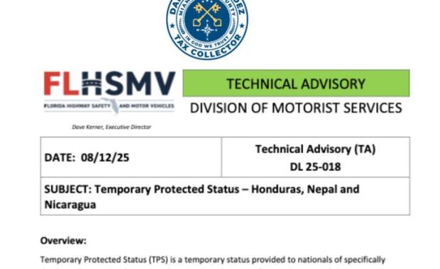 Statement from Miami-Dade County Tax Collector Dariel Fernandez on TPS Continuation and Resumption of Driver License Services for Honduran, Nicaraguan, and Venezuelan Nationals