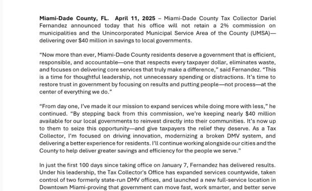 Tax Collector Dariel Fernandez Delivers Nearly $40 Million in Relief to Local Governments and Residents