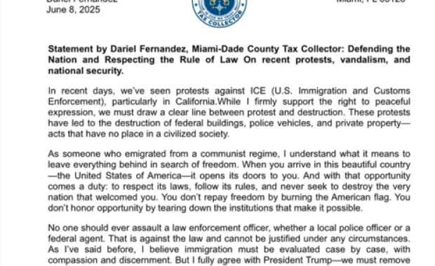Statement by Dariel Fernandez, Miami-Dade County Tax Collector: Defending the Nation and Respecting the Rule of Law On recent protests, vandalism, and national security.