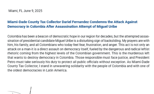 Miami-Dade County Tax Collector Dariel Fernandez Condemns the Attack Against Democracy in Colombia After Assassination Attempt of Miguel Uribe