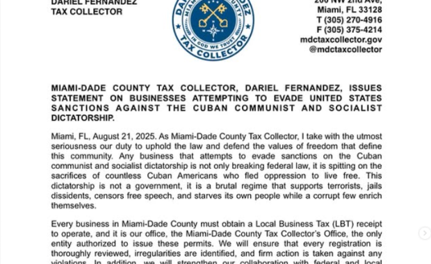 Miami-Dade County Tax Collector, Dariel Fernandez, Issues Statement on Businesses Attempting to Evade United States Sanctions Against the Cuban Communist and Socialist Dictatorship