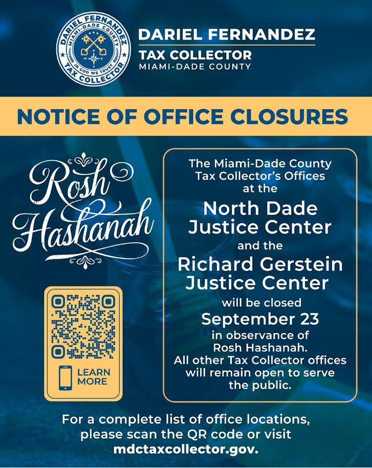 Miami-Dade County Tax Collector Announces Temporary Closures at Two Court Locations for Rosh Hashanah