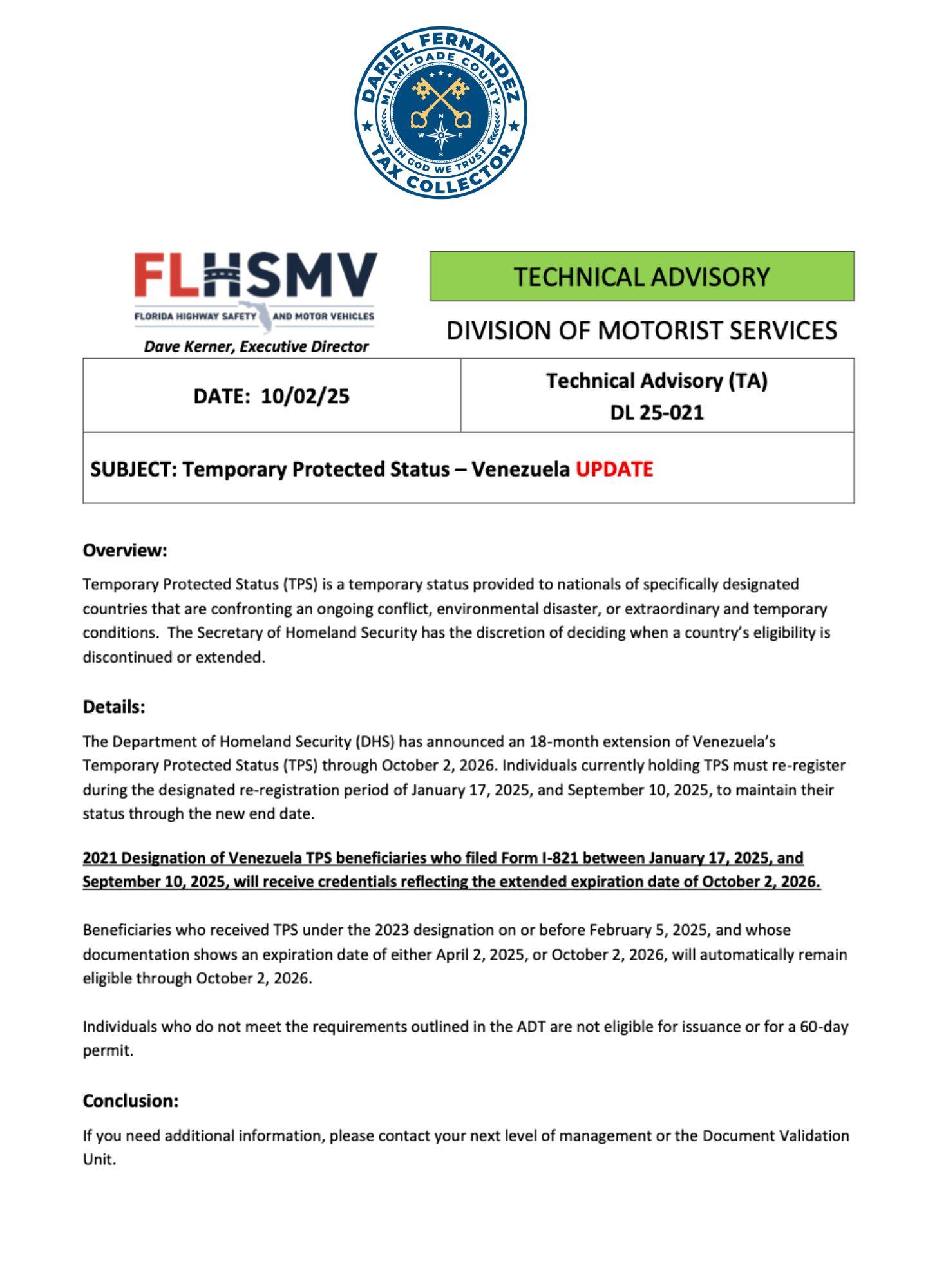 Dariel Fernandez, Miami-Dade County Tax Collector, Announces TPS Extension for Certain Venezuelan Nationals