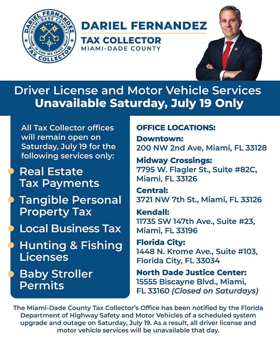 Driver License and Motor Vehicle Services Will Be Unavailable on Saturday, July 19, Due to a State of Florida System Update